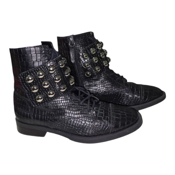 Schutz Marieta Boot in Crocco BLACK STUDDED GOTH GRUNGE COMBAT BOOTS SIZE 6.5 - Picture 6 of 10